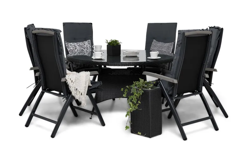 Thor Matgrupp Ø140 + 6 Monaco Lyx Positionsstol m Dyna - Svart/Svart/Grå - Utemöbler & utemiljö - Utegrupp - Matgrupp utomhus