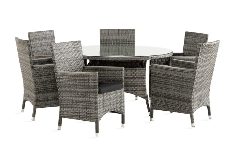 Thor Matgrupp Utomhus Ø140 + 4 Fåtölj Lyx m Armstöd m Dyna, Gr å/Grå/Aintwood/Svart