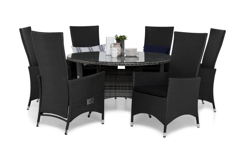 Thor Matgrupp Utomhus Ø140 + 6 Jenny Ställbar Fåtölj m Dyna - Grå/Svart - Utemöbler & utemiljö - Utegrupp - Matgrupp utomhus