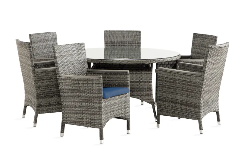 Thor Matgrupp Utomhus 140 Rund + 6 Thor Lyx Stol m Armledare m Dyna, Grå/Aintwood/Blå