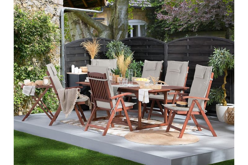 Trädgårdsset bord och 6 stolar med dynor TOSCANA - Trä/natur - Matgrupp utomhus