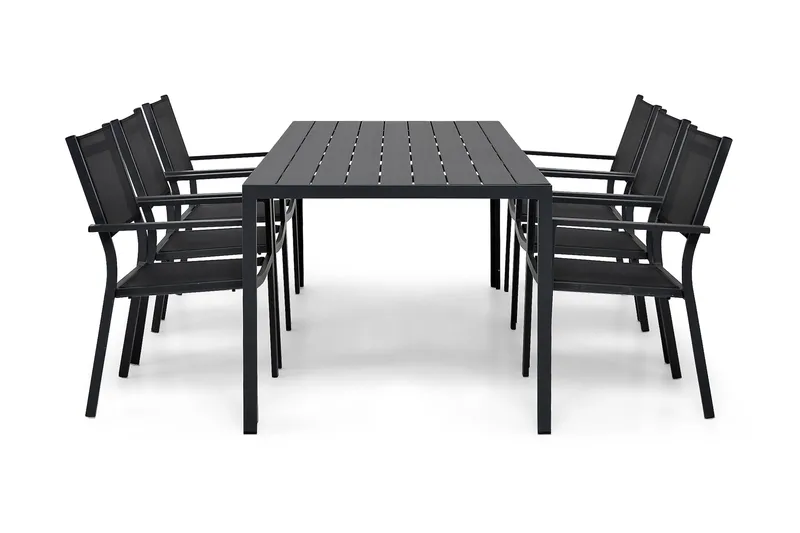 Tunis Matgrupp 205x90 cm + 6 Tunis Stapelstol, Svart/Svart
