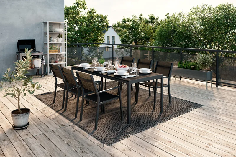 Tunis Matgrupp 205x90 cm + 6 Tunis Stapelstol - Svart/Svart - Utemöbler & utemiljö - Utegrupp - Matgrupp utomhus