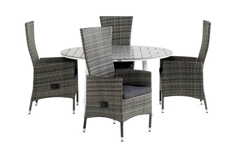 Tunis Matgrupp Utomhus 140 Rund + 4 Jenny Fåtölj Ställbar m Dyna, Vit/Grå