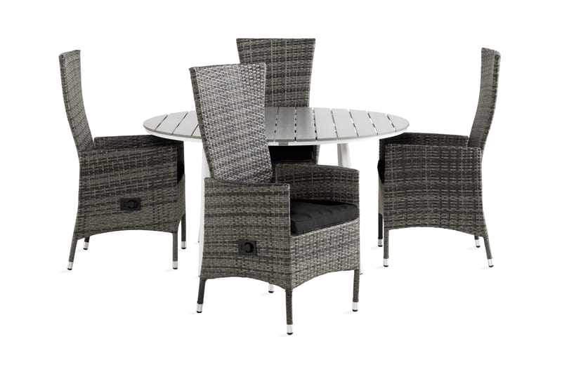 Tunis Matgrupp Utomhus 140 Rund + 4 Jenny Fåtölj Ställbar m Dyna, Vit/Grå/Svart