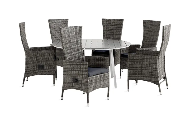 Tunis Matgrupp Utomhus 140 Rund + 6 Jenny Fåtölj Ställbar m Dyna - Vit/Grå - Utemöbler & utemiljö - Utegrupp - Matgrupp utomhus