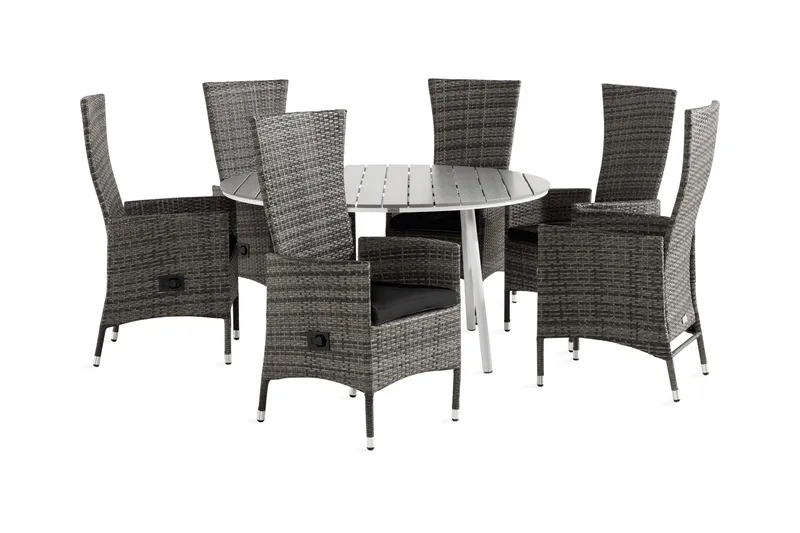 Tunis Matgrupp Utomhus 140 Rund + 6 Jenny Fåtölj Ställbar m Dyna, Vit/Grå/Svart