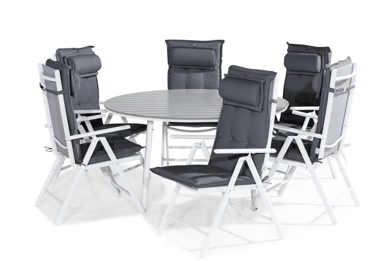 Tunis Matgrupp Utomhus 140 Rund + 6 Maggie Positionsstol m Dyna, Vit/Grå