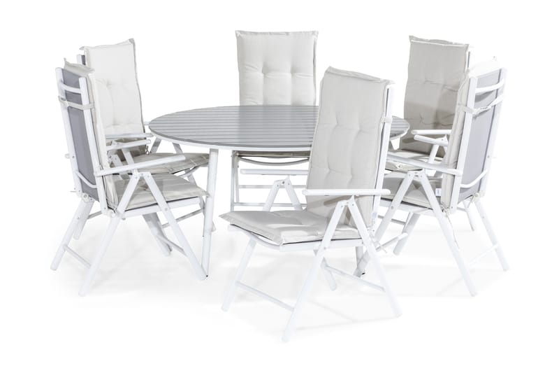 Tunis Matgrupp Utomhus 140 Rund + 6 Maggie Positionsstol m Dyna, Vit/Grå/Offwhite