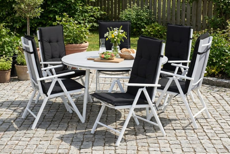 Tunis Matgrupp Utomhus 140 Rund + 6 Maggie Positionsstol m Dyna - Vit/Grå/Svart - Utemöbler & utemiljö - Utegrupp - Matgrupp utomhus