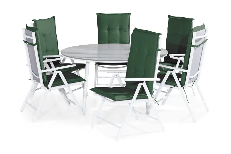 Tunis Matgrupp Utomhus 140 Rund + 6 Maggie Positionsstol m Dyna, Vit/Grå/Grön