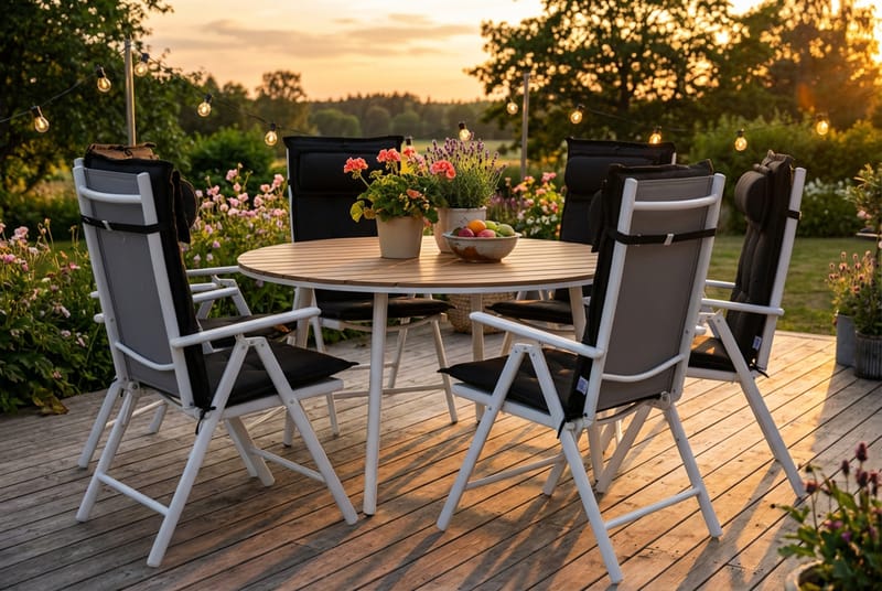 Tunis Matgrupp Utomhus 140 Rund + 6 Maggie Positionsstol m Dyna - Vit/Grå/Svart - Utemöbler & utemiljö - Utegrupp - Matgrupp utomhus