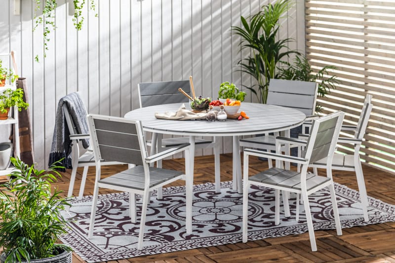 Tunis Matgrupp Utomhus 140 Rund + 6 Stapelstolar - Vit/Grå - Utemöbler & utemiljö - Utegrupp - Matgrupp utomhus