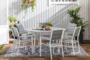 Tunis Matgrupp Utomhus 140 Rund + 6 Stapelstolar - Vit/Grå - Utemöbler & utemiljö - Utegrupp - Matgrupp utomhus