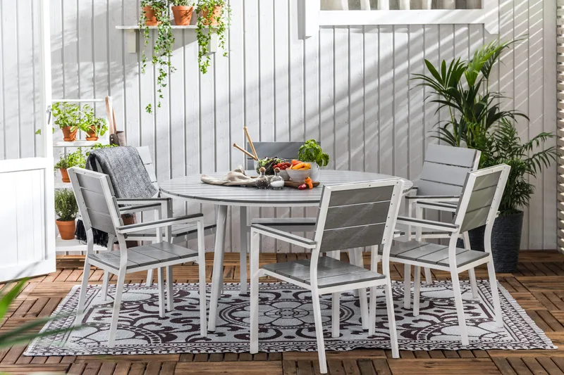 Tunis Matgrupp Utomhus 140 Rund + 6 Stapelstolar - Vit/Grå - Utemöbler & utemiljö - Utegrupp - Matgrupp utomhus