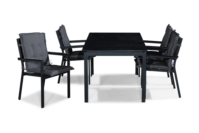 Tunis Matgrupp Utomhus 152-210x90 + 4 Stapelstol m Dyna, Svart/Grå