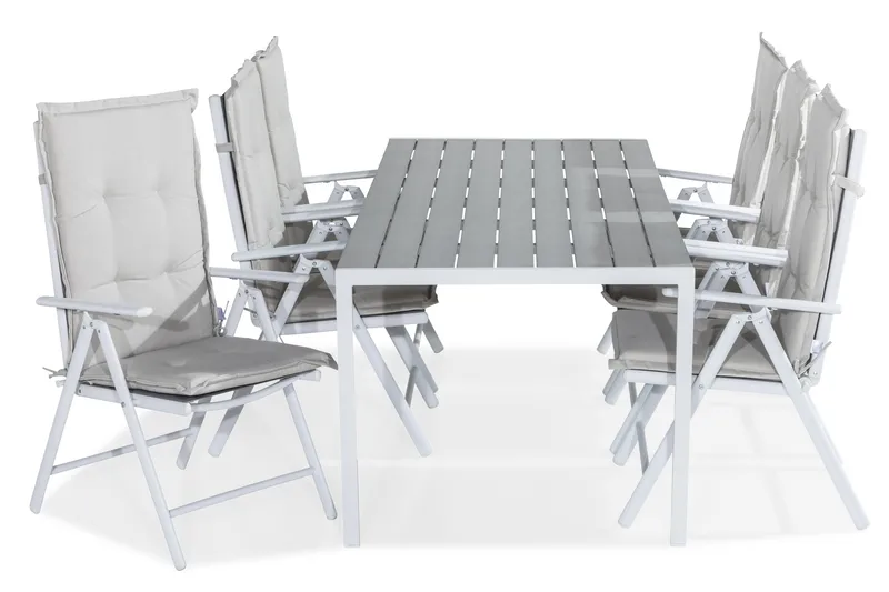 Tunis Matgrupp Utomhus 205x90 + 6 Maggie Positionsstol m Dyna, Vit/Grå/Offwhite