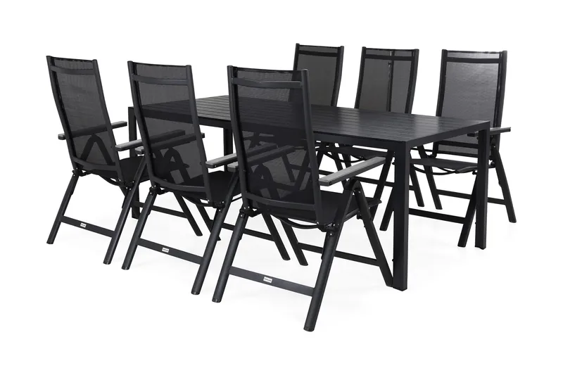 Tunis Matgrupp Utomhus 205x90 cm + 6 Monaco Positionsstol - Svart/Grå - Utemöbler & utemiljö - Utegrupp - Matgrupp utomhus