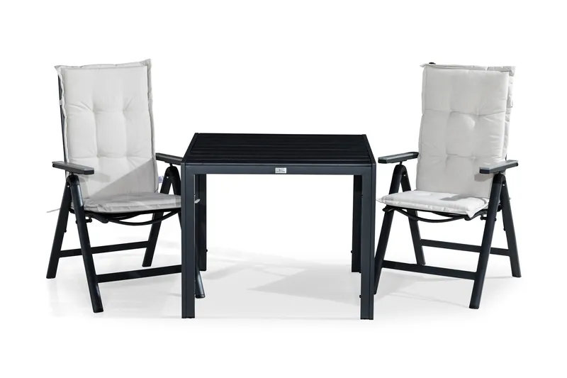Tunis Matgrupp Utomhus 90x90 + 2 Monaco Positionsstol m Dyna, Svart/Grå/Offwhite