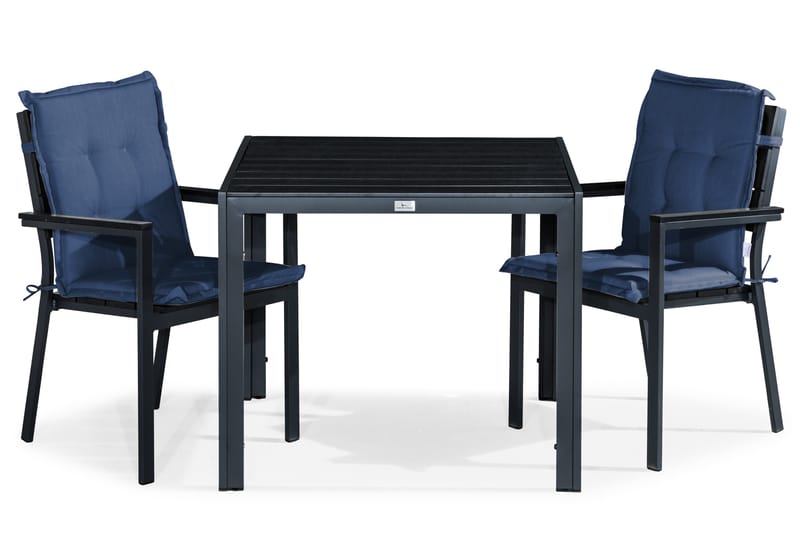 Tunis Matgrupp Utomhus 90x90 + 2 Stapelstolar m Dyna, Svart/Blå