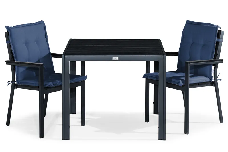 Tunis Matgrupp Utomhus 90x90 + 2 Stapelstolar m Dyna, Svart/Blå