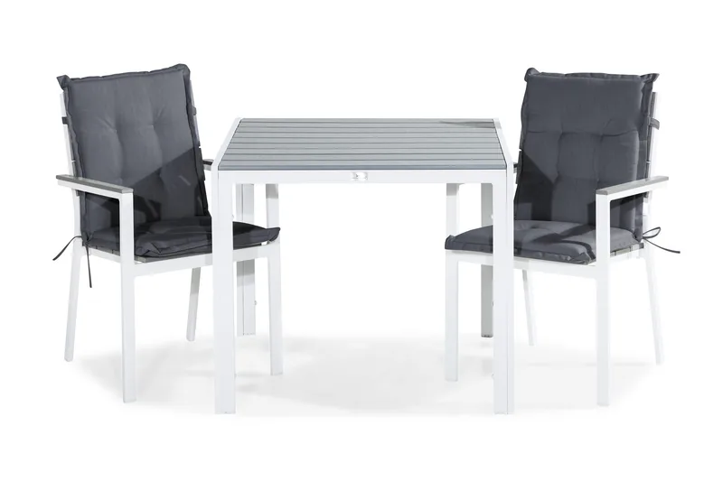 Tunis Matgrupp Utomhus 90x90 + 2 Stapelstolar m Dyna, Vit/Grå