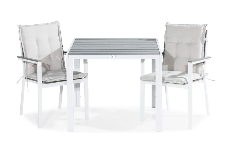 Tunis Matgrupp Utomhus 90x90 + 2 Tunis Stapelstol m Dyna, Vit/Grå/Offwhite