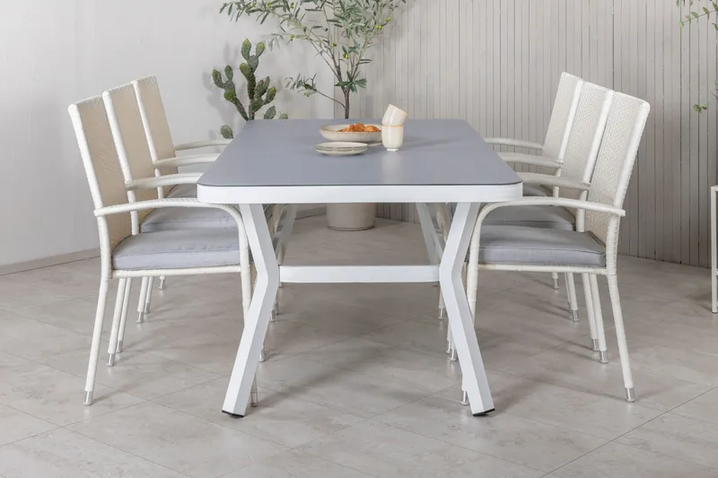 Virya Matgrupp Utomhus 200cm + 6 Anna Matstolar - Vit/Grå - Utemöbler & utemiljö - Utegrupp - Matgrupp utomhus