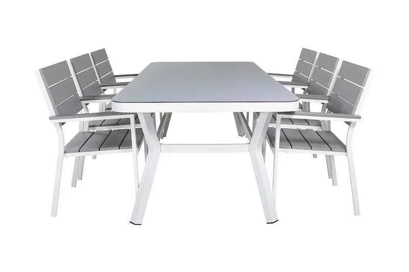 Virya Matgrupp Utomhus 200cm + 6 Levels Stapelbara Matstolar, Vit/Grå