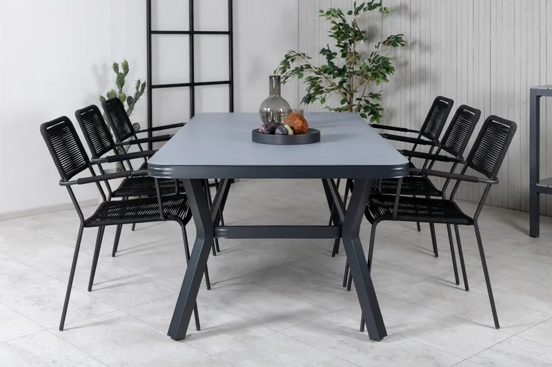 Virya Matgrupp Utomhus 200cm + 6 Lindos Karmstolar - Svart/Grå - Utemöbler & utemiljö - Utegrupp - Matgrupp utomhus