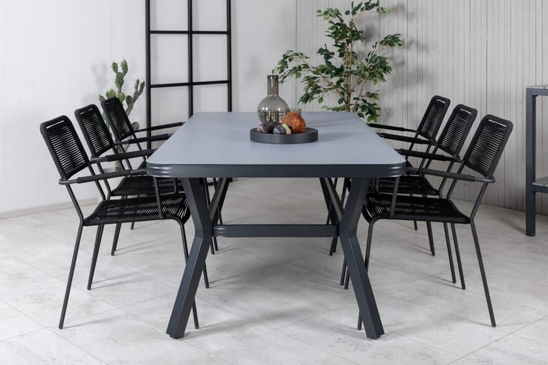 Virya Matgrupp Utomhus 200cm + 6 Lindos Karmstolar - Svart/Grå - Utemöbler & utemiljö - Utegrupp - Matgrupp utomhus