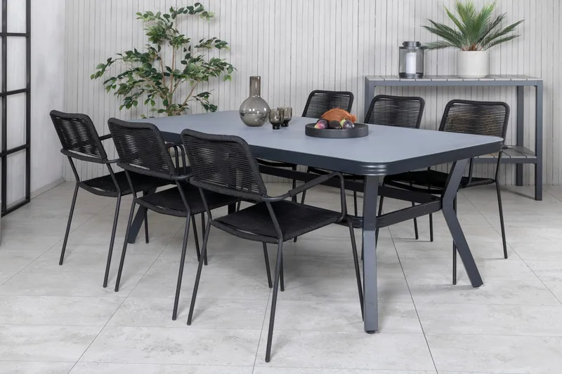 Virya Matgrupp Utomhus 200cm + 6 Lindos Karmstolar - Svart/Grå - Utemöbler & utemiljö - Utegrupp - Matgrupp utomhus