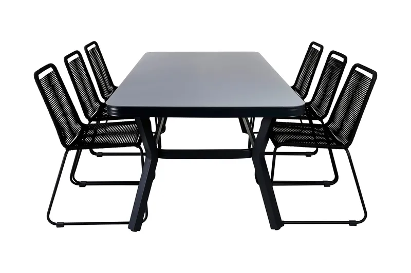 Virya Matgrupp Utomhus 200cm + 6 Lindos Stapelbara Matstolar, Brun/Vit