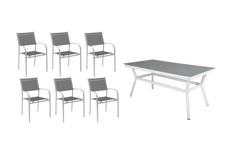 Virya Matgrupp Utomhus 200cm + 6 Santorini Karmstolar, Vit/Grå