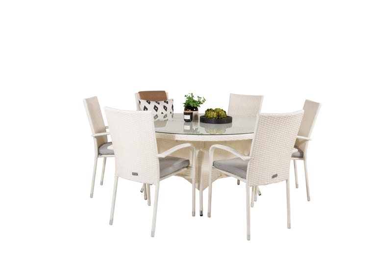 Volta Matgrupp Utomhus Rund Ø150cm + 6 Anna Karmstolar - Glas/Vit - Utemöbler & utemiljö - Utegrupp - Matgrupp utomhus