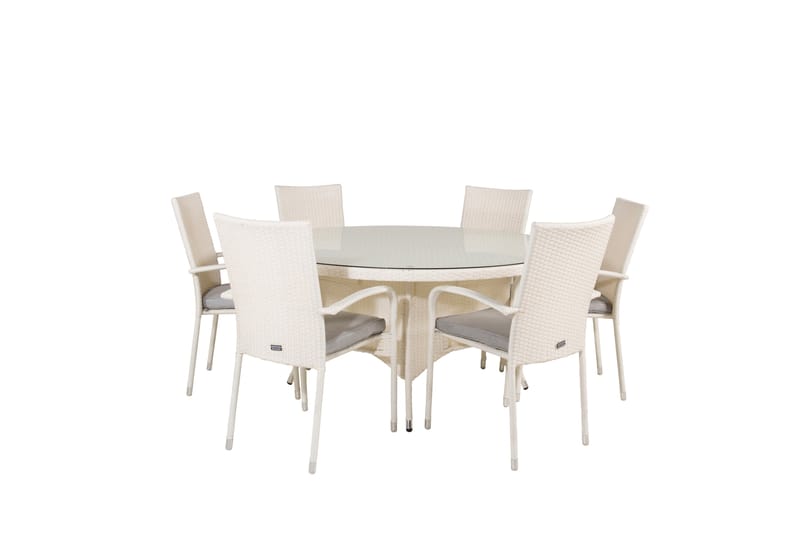 Volta Matgrupp Utomhus Rund Ø150cm + 6 Anna Karmstolar - Glas/Vit - Utemöbler & utemiljö - Utegrupp - Matgrupp utomhus