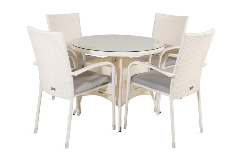 Volta Matgrupp Utomhus Rund Ø90cm + 4 Anna Karmstolar - Glas/Vit - Utemöbler & utemiljö - Utegrupp - Matgrupp utomhus