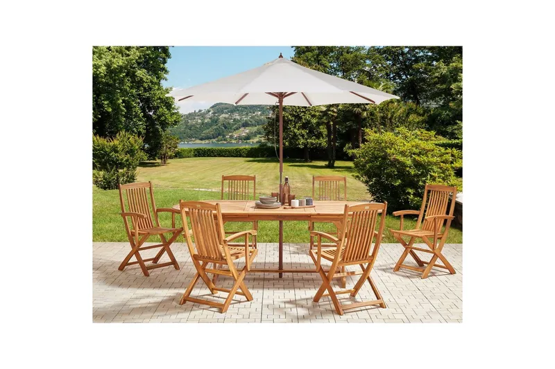 Matsalsset Maui II med parasoll Ljus trä/beige, 6-Sits, Ljus trä/beige, 6-Sits