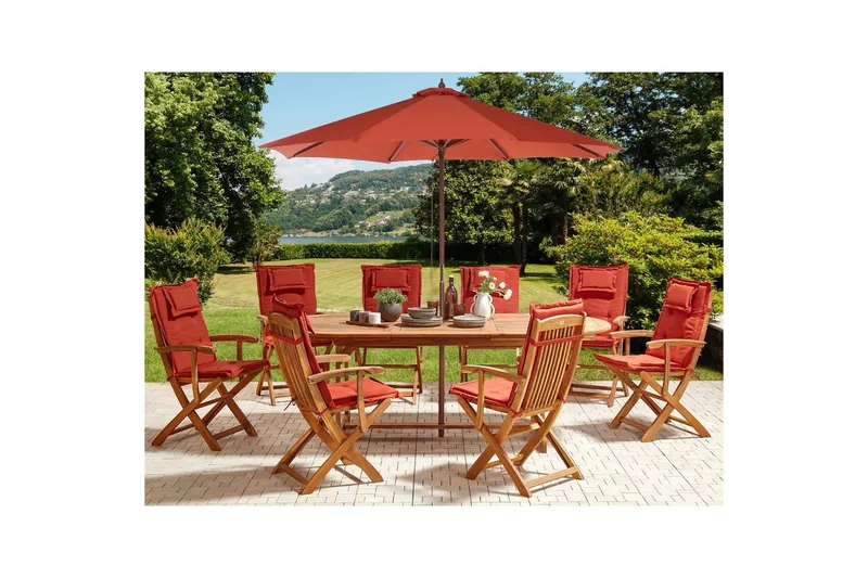 Matsalsset Maui II med parasoll Ljus trä/röd, 8-Sits - Ljus trä/röd, 8-Sits - Utemöbler & utemiljö - Utegrupp - Matgrupp utomhus