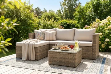 Mendoza l-formad 4-sits soffgrupp i konstrotting för altan och terrass - Brun / Beige dynor - Utemöbler & utemiljö - Utegrupp - Soffgrupp utomhus
