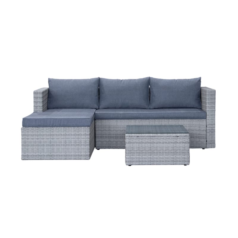 Mendoza l-formad 4-sits soffgrupp i konstrotting för altan och terrass, Grå / Blåa dynor