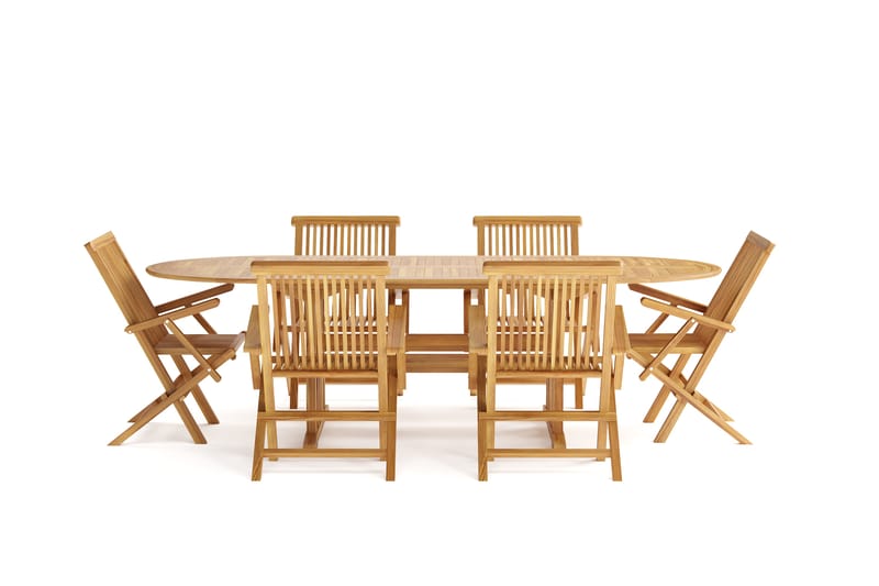 Menorca Stor Matgrupp Utomhus- Ovalt förlängningsbart utebord med 6 Karmstolar i trä - Teak / Natur - Utemöbler & utemiljö - Utegrupp - Matgrupp utomhus