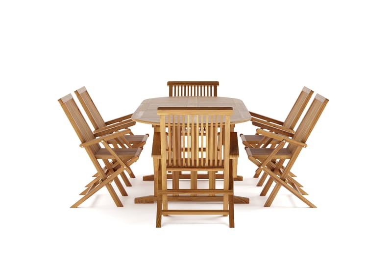 Menorca Stor Matgrupp Utomhus- Ovalt förlängningsbart utebord med 6 Karmstolar i trä - Teak / Natur - Utemöbler & utemiljö - Utegrupp - Matgrupp utomhus