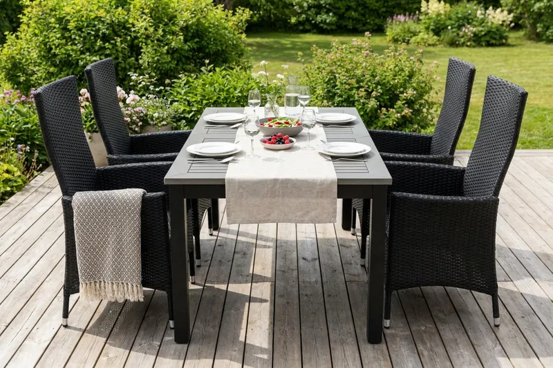Monaco förlängningsbar matgrupp utomhus inkl. iläggskiva 150-250 cm med 4 Jenny ställbar matstol - Svart/Grå - Utemöbler & utemiljö - Utegrupp - Matgrupp utomhus