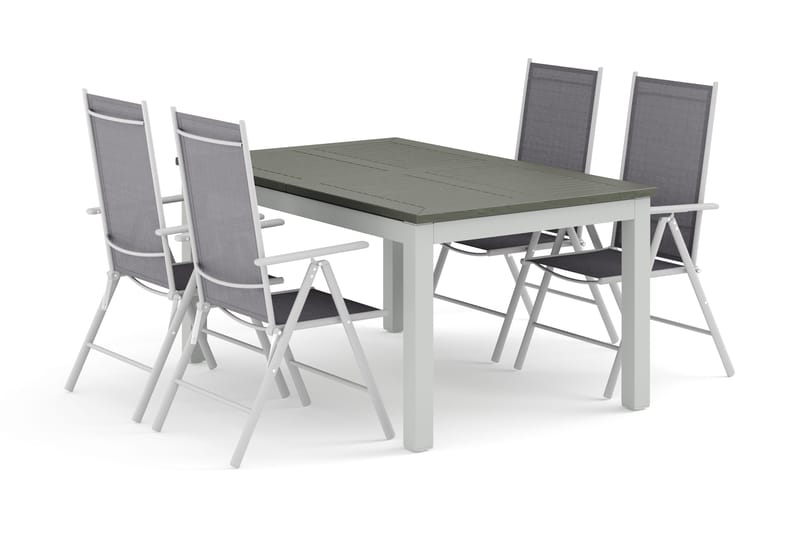 Monaco utomhus matgrupp förlängningsbart 150-250x90 med 4 Maggie positionsstolar, Vit/Grå