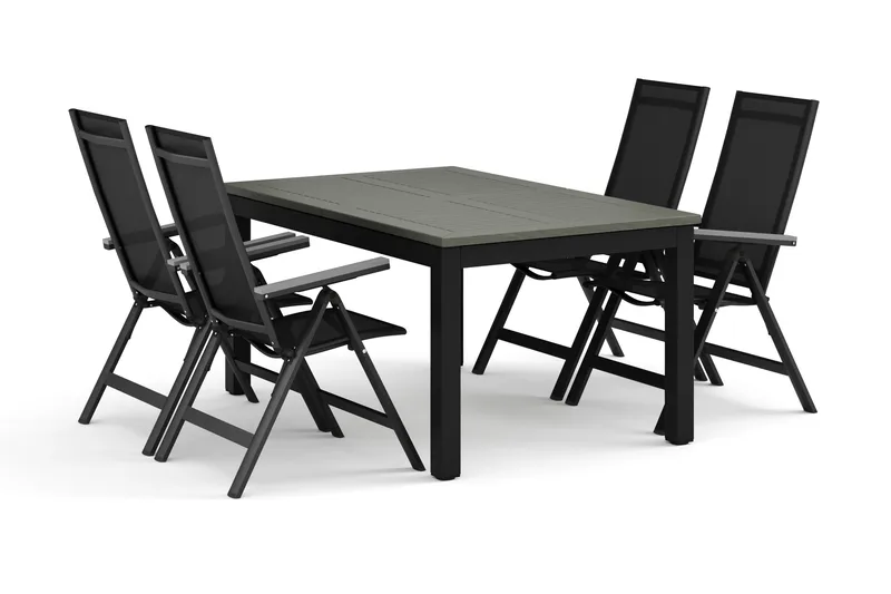 Monaco utomhus matgrupp förlängningsbart 150-250x90 med 4 Monaco Light positionsstolar, Svart/Grå
