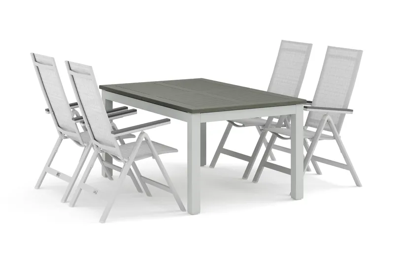 Monaco utomhus matgrupp förlängningsbart 150-250x90 med 4 Monaco Light positionsstolar, Vit/Grå