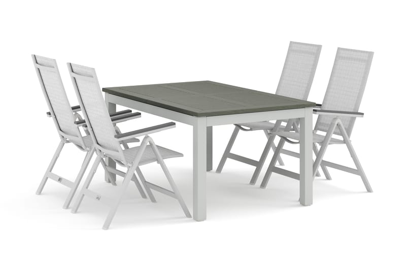 Monaco utomhus matgrupp förlängningsbart 150-250x90 med 4 Monaco Light positionsstolar, Vit/Grå