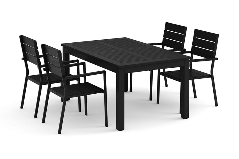 Monaco utomhus matgrupp förlängningsbart 150-250x90 med 4 Tunis stapelstolar, Svart/Grå