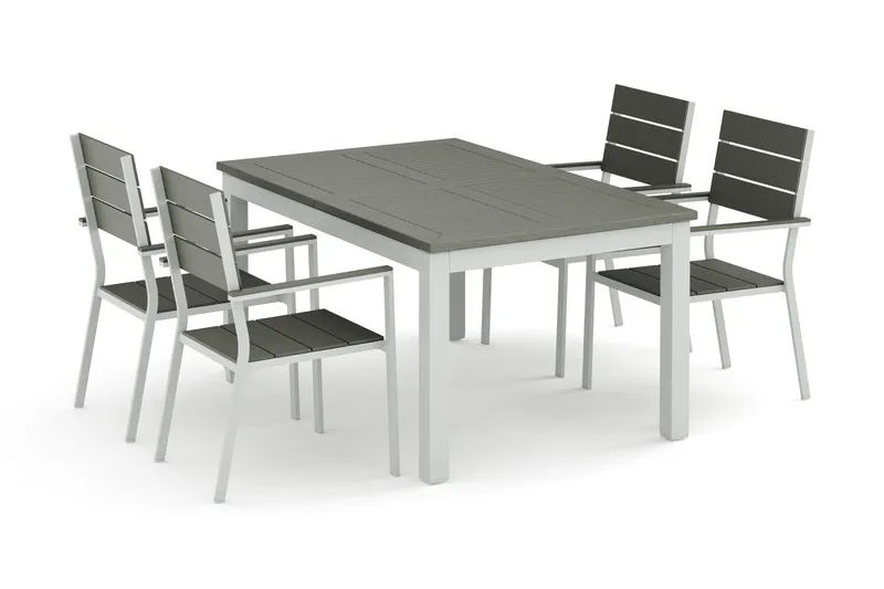 Monaco utomhus matgrupp förlängningsbart 150-250x90 med 4 Tunis stapelstolar, Vit/Grå